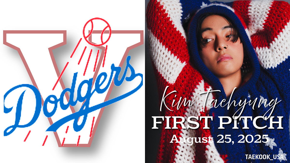 Taehyung throwing the First Pitch at the Dodgers game! 